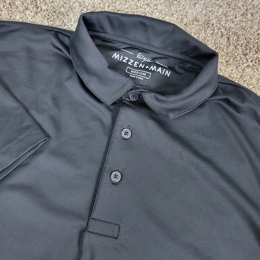 Mizzen + Main Mens Medium Solid Black Performance Stretch Polo Short Sleeve